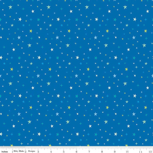 Image of Brave Your Way Beyond the Stars Cobalt quilting cotton fabric by Cayla Naylor for Riley Blake Designs. Features stars on a blue background. Cute Little Fabric Shop.