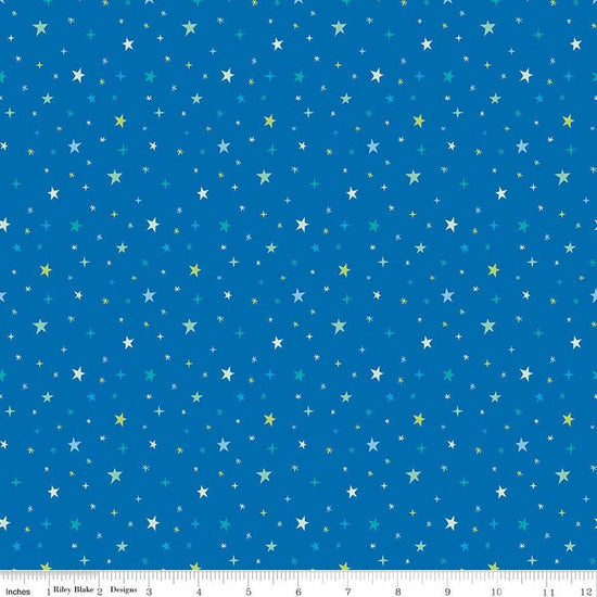 Image of Brave Your Way Beyond the Stars Cobalt quilting cotton fabric by Cayla Naylor for Riley Blake Designs. Features stars on a blue background. Cute Little Fabric Shop.