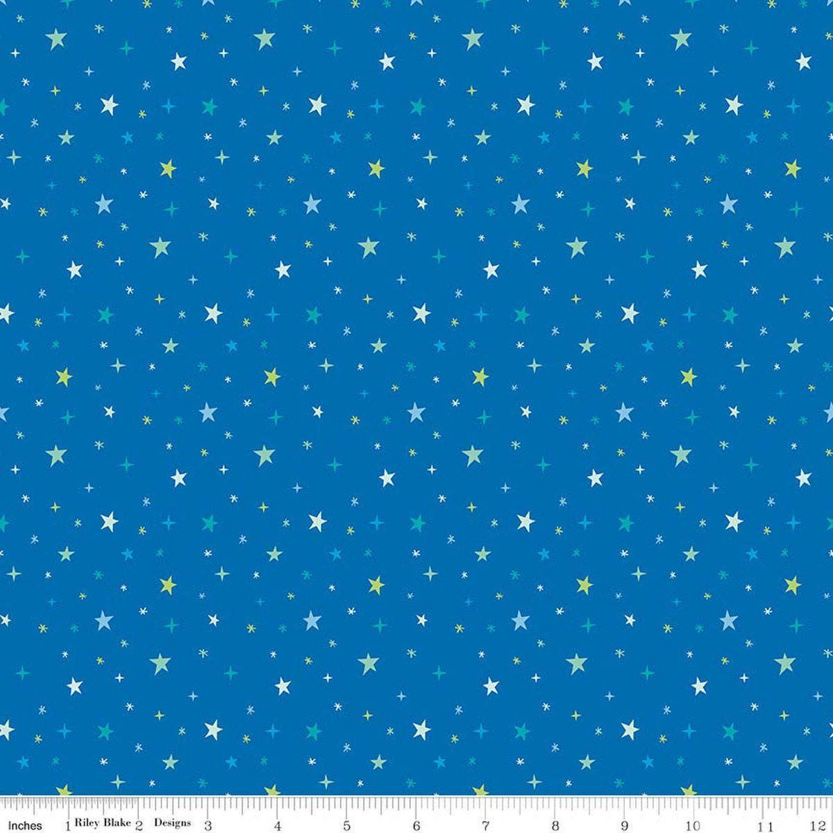 Image of Brave Your Way Beyond the Stars Cobalt quilting cotton fabric by Cayla Naylor for Riley Blake Designs. Features stars on a blue background. Cute Little Fabric Shop.