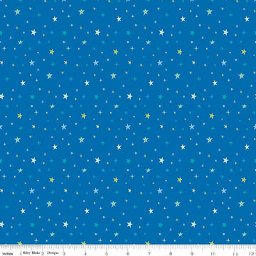 Image of Brave Your Way Beyond the Stars Cobalt quilting cotton fabric by Cayla Naylor for Riley Blake Designs. Features stars on a blue background. Cute Little Fabric Shop.