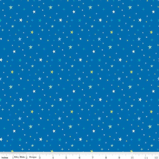 Image of Brave Your Way Beyond the Stars Cobalt quilting cotton fabric by Cayla Naylor for Riley Blake Designs. Features stars on a blue background. Cute Little Fabric Shop.