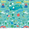 Image of Brave Your Way Adventure Awaits Lagoon quilting cotton fabric by Cayla Naylor for Riley Blake Designs. Features a theme park on a blue background. Cute Little Fabric Shop.
