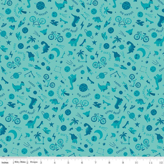 Image of Brave Your Way Wild and Free Lagoon quilting cotton fabric by Cayla Naylor for Riley Blake Designs. Features baby boy toys on a blue background. Cute Little Fabric Shop.