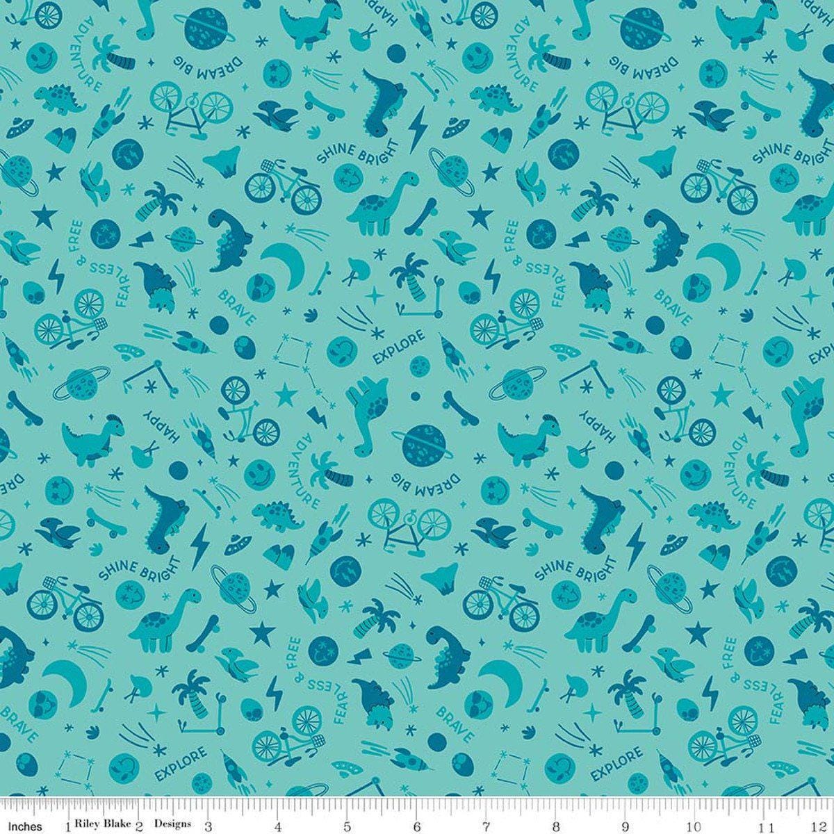 Image of Brave Your Way Wild and Free Lagoon quilting cotton fabric by Cayla Naylor for Riley Blake Designs. Features baby boy toys on a blue background. Cute Little Fabric Shop.