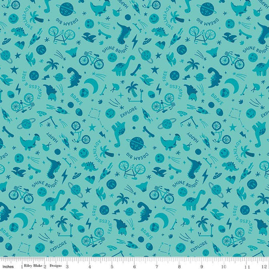 Image of Brave Your Way Wild and Free Lagoon quilting cotton fabric by Cayla Naylor for Riley Blake Designs. Features baby boy toys on a blue background. Cute Little Fabric Shop.