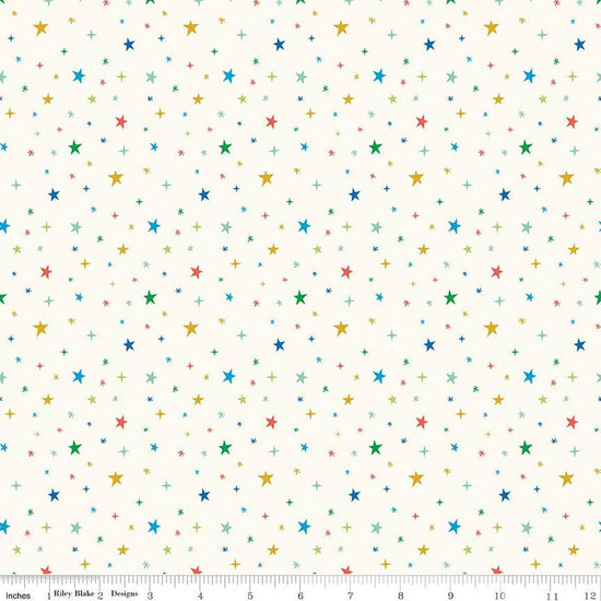 Image of Brave Your Way Beyond the Stars Cloud quilting cotton fabric by Cayla Naylor for Riley Blake Designs. Features stars on a white background. Cute Little Fabric Shop.