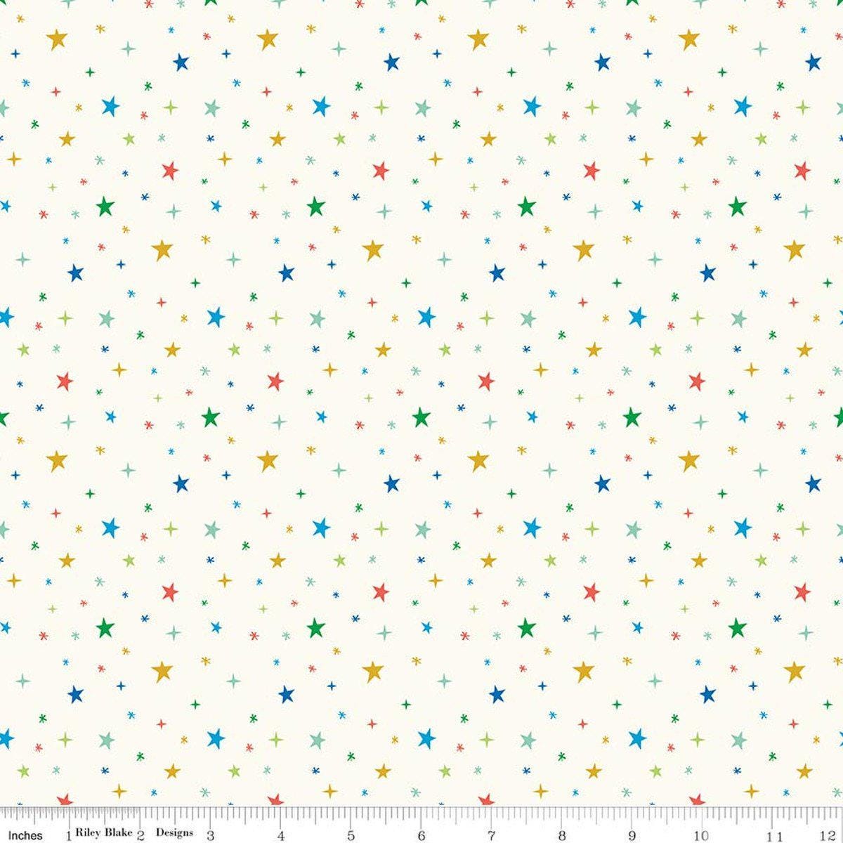 Image of Brave Your Way Beyond the Stars Cloud quilting cotton fabric by Cayla Naylor for Riley Blake Designs. Features stars on a white background. Cute Little Fabric Shop.