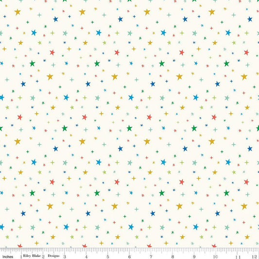 Image of Brave Your Way Beyond the Stars Cloud quilting cotton fabric by Cayla Naylor for Riley Blake Designs. Features stars on a white background. Cute Little Fabric Shop.