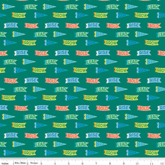 Image of Brave Your Way Brave Banners Everest quilting cotton fabric by Cayla Naylor for Riley Blake Designs. Features banners on a green background. Cute Little Fabric Shop.