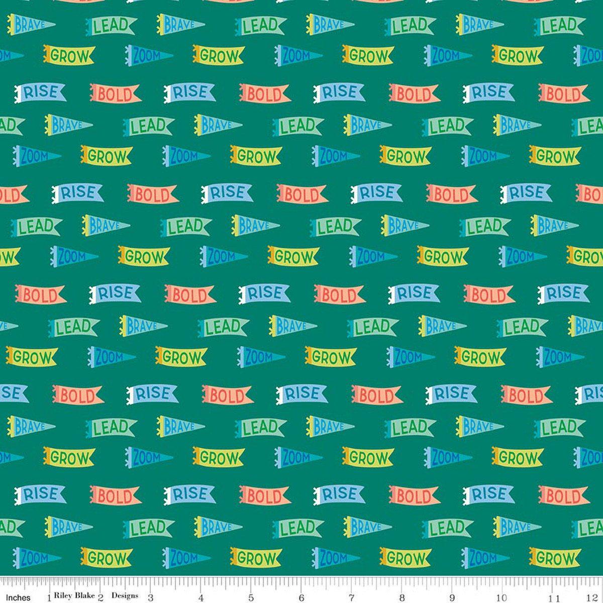 Image of Brave Your Way Brave Banners Everest quilting cotton fabric by Cayla Naylor for Riley Blake Designs. Features banners on a green background. Cute Little Fabric Shop.