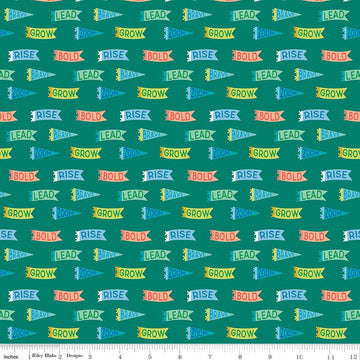 Image of Brave Your Way Brave Banners Everest quilting cotton fabric by Cayla Naylor for Riley Blake Designs. Features banners on a green background. Cute Little Fabric Shop.