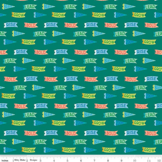 Image of Brave Your Way Brave Banners Everest quilting cotton fabric by Cayla Naylor for Riley Blake Designs. Features banners on a green background. Cute Little Fabric Shop.