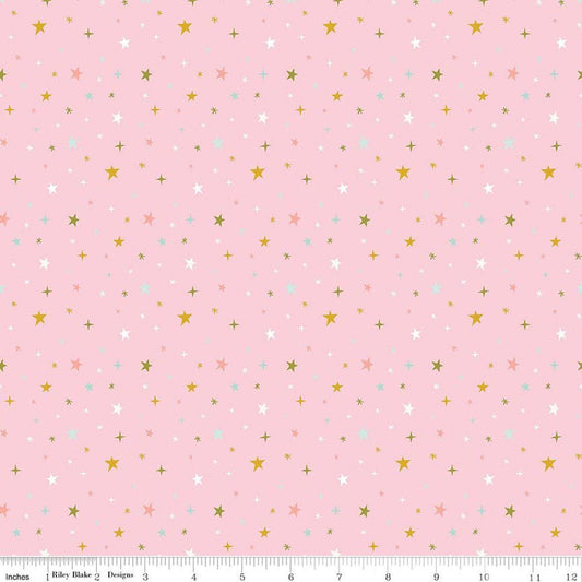 Image of Brave Your Way Beyond the Stars Petal quilting cotton fabric by Cayla Naylor for Riley Blake Designs. Features stars on a pink background. Cute Little Fabric Shop.