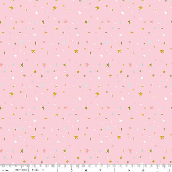 Image of Brave Your Way Beyond the Stars Petal quilting cotton fabric by Cayla Naylor for Riley Blake Designs. Features stars on a pink background. Cute Little Fabric Shop.