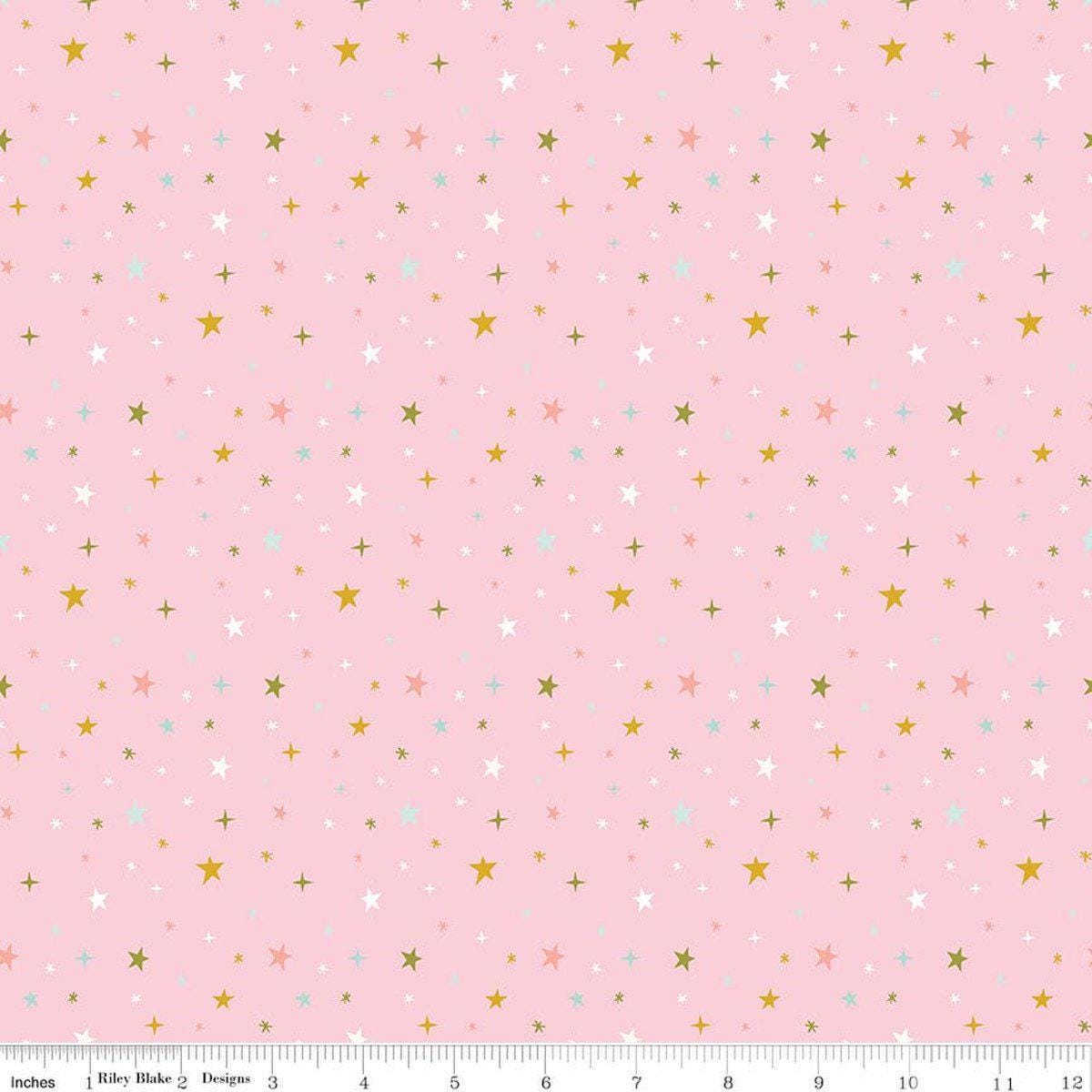 Image of Brave Your Way Beyond the Stars Petal quilting cotton fabric by Cayla Naylor for Riley Blake Designs. Features stars on a pink background. Cute Little Fabric Shop.