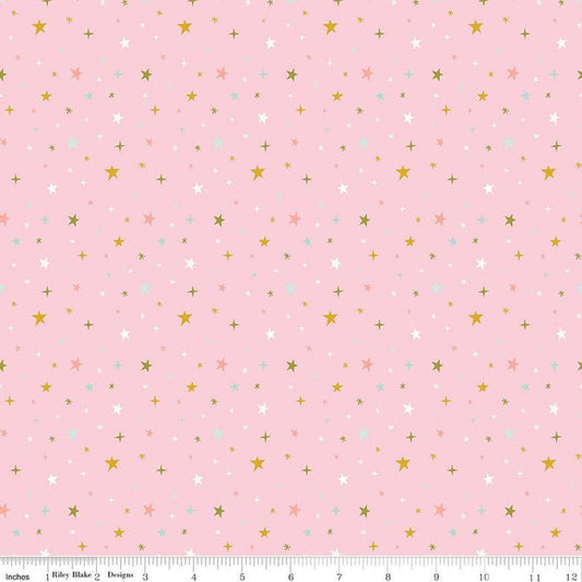 Image of Brave Your Way Beyond the Stars Petal quilting cotton fabric by Cayla Naylor for Riley Blake Designs. Features stars on a pink background. Cute Little Fabric Shop.
