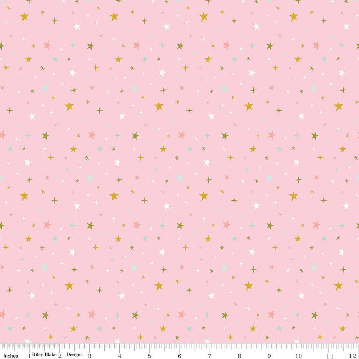 Image of Brave Your Way Beyond the Stars Petal quilting cotton fabric by Cayla Naylor for Riley Blake Designs. Features stars on a pink background. Cute Little Fabric Shop.