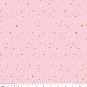 Image of Brave Your Way Beyond the Stars Petal quilting cotton fabric by Cayla Naylor for Riley Blake Designs. Features stars on a pink background. Cute Little Fabric Shop.