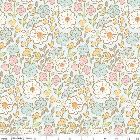 Image of Little Posies Main Powder quilting cotton fabric by Cayla Naylor for Riley Blake Designs. Features flowers on a blue background. Cute Little Fabric Shop.