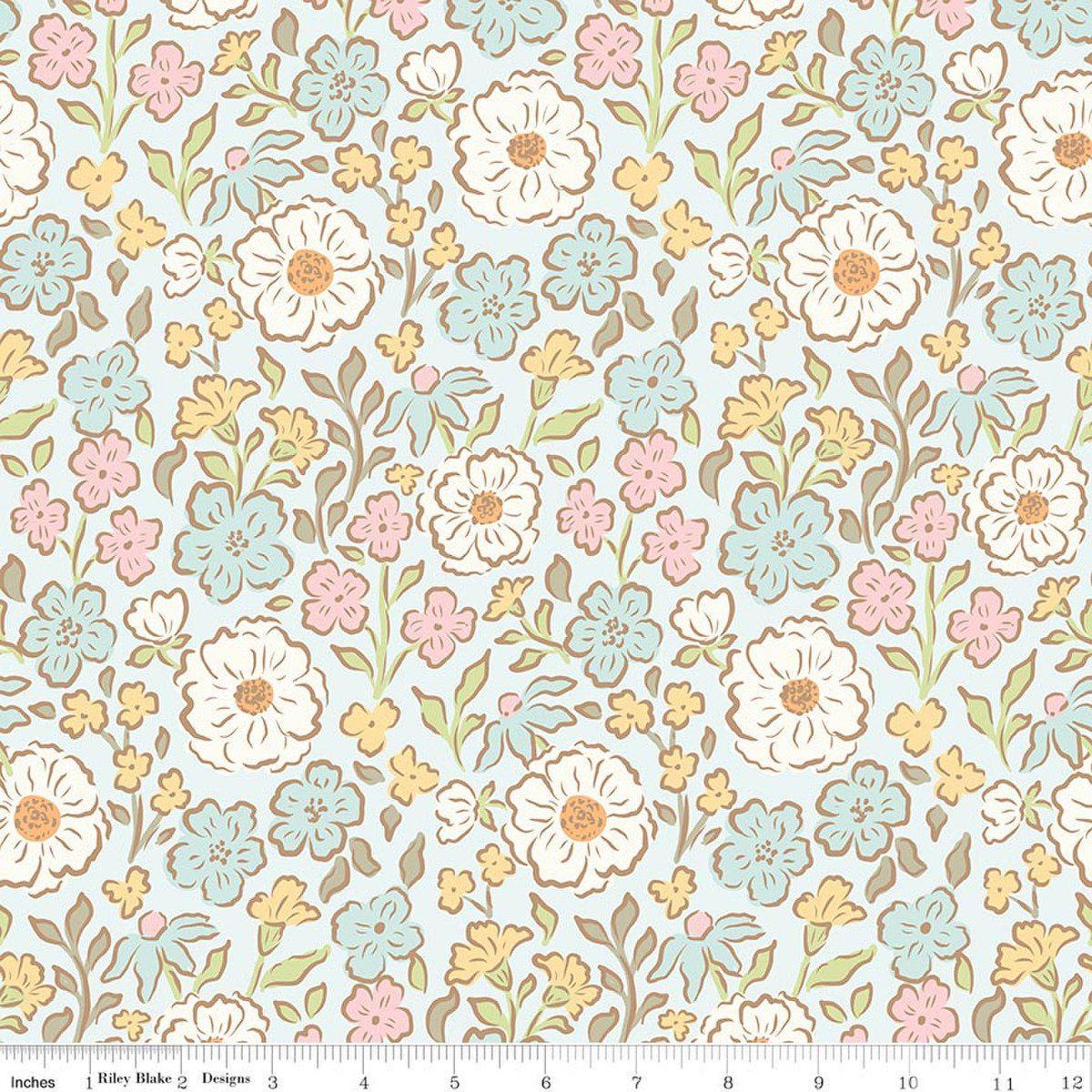 Image of Little Posies Main Powder quilting cotton fabric by Cayla Naylor for Riley Blake Designs. Features flowers on a blue background. Cute Little Fabric Shop.