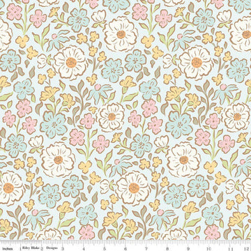 Image of Little Posies Main Powder quilting cotton fabric by Cayla Naylor for Riley Blake Designs. Features flowers on a blue background. Cute Little Fabric Shop.