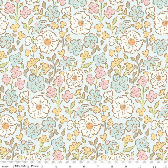 Image of Little Posies Main Powder quilting cotton fabric by Cayla Naylor for Riley Blake Designs. Features flowers on a blue background. Cute Little Fabric Shop.