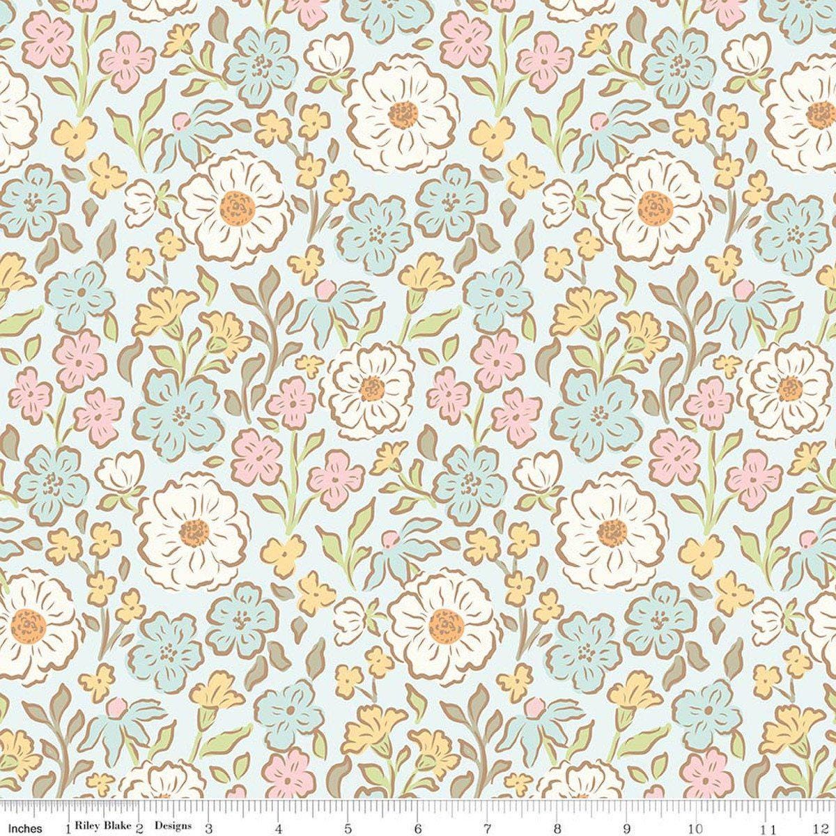 Image of Little Posies Main Powder quilting cotton fabric by Cayla Naylor for Riley Blake Designs. Features flowers on a blue background. Cute Little Fabric Shop.