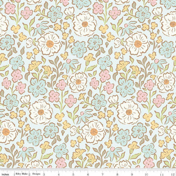 Image of Little Posies Main Powder quilting cotton fabric by Cayla Naylor for Riley Blake Designs. Features flowers on a blue background. Cute Little Fabric Shop.