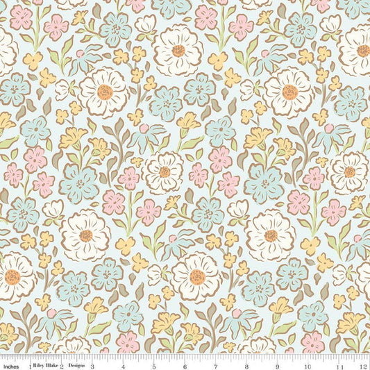 Image of Little Posies Main Powder quilting cotton fabric by Cayla Naylor for Riley Blake Designs. Features flowers on a blue background. Cute Little Fabric Shop.