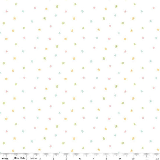 Image of Little Posies Ditsy White quilting cotton fabric by Cayla Naylor for Riley Blake Designs. Features stars on a white background. Cute Little Fabric Shop.