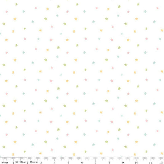 Image of Little Posies Ditsy White quilting cotton fabric by Cayla Naylor for Riley Blake Designs. Features stars on a white background. Cute Little Fabric Shop.