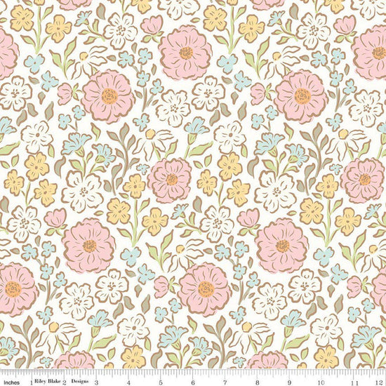 Image of Little Posies Main Cloud quilting cotton fabric by Cayla Naylor for Riley Blake Designs. Features flowers on a white background. Cute Little Fabric Shop.