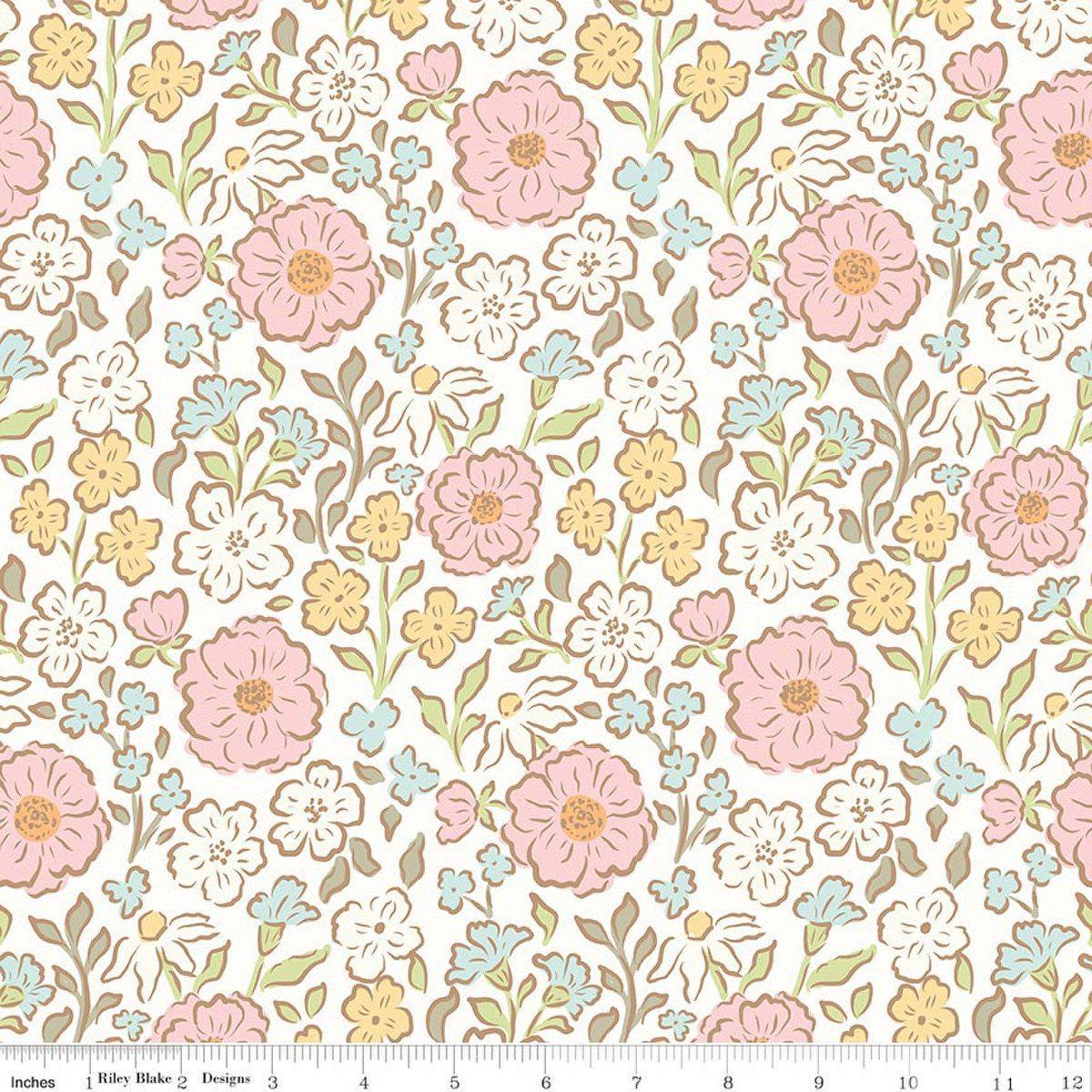 Image of Little Posies Main Cloud quilting cotton fabric by Cayla Naylor for Riley Blake Designs. Features flowers on a white background. Cute Little Fabric Shop.