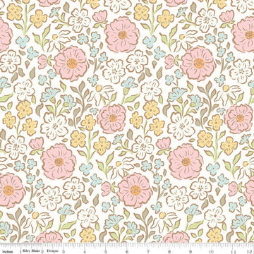 Image of Little Posies Main Cloud quilting cotton fabric by Cayla Naylor for Riley Blake Designs. Features flowers on a white background. Cute Little Fabric Shop.