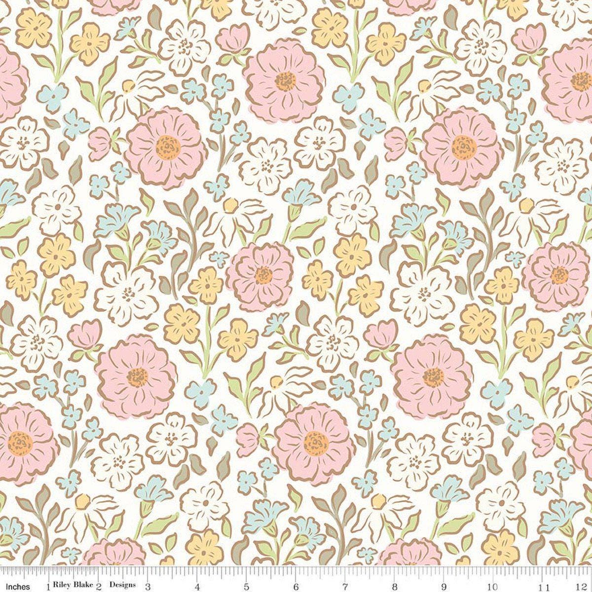 Image of Little Posies Main Cloud quilting cotton fabric by Cayla Naylor for Riley Blake Designs. Features flowers on a white background. Cute Little Fabric Shop.