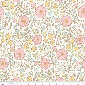 Image of Little Posies Main Cloud quilting cotton fabric by Cayla Naylor for Riley Blake Designs. Features flowers on a white background. Cute Little Fabric Shop.