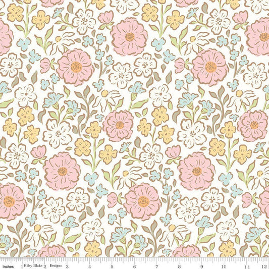 Image of Little Posies Main Cloud quilting cotton fabric by Cayla Naylor for Riley Blake Designs. Features flowers on a white background. Cute Little Fabric Shop.