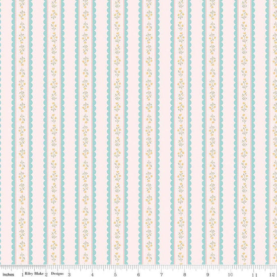 Image of Little Posies Stripes Pink quilting cotton fabric by Cayla Naylor for Riley Blake Designs. Features stripes on a pink background. Cute Little Fabric Shop.
