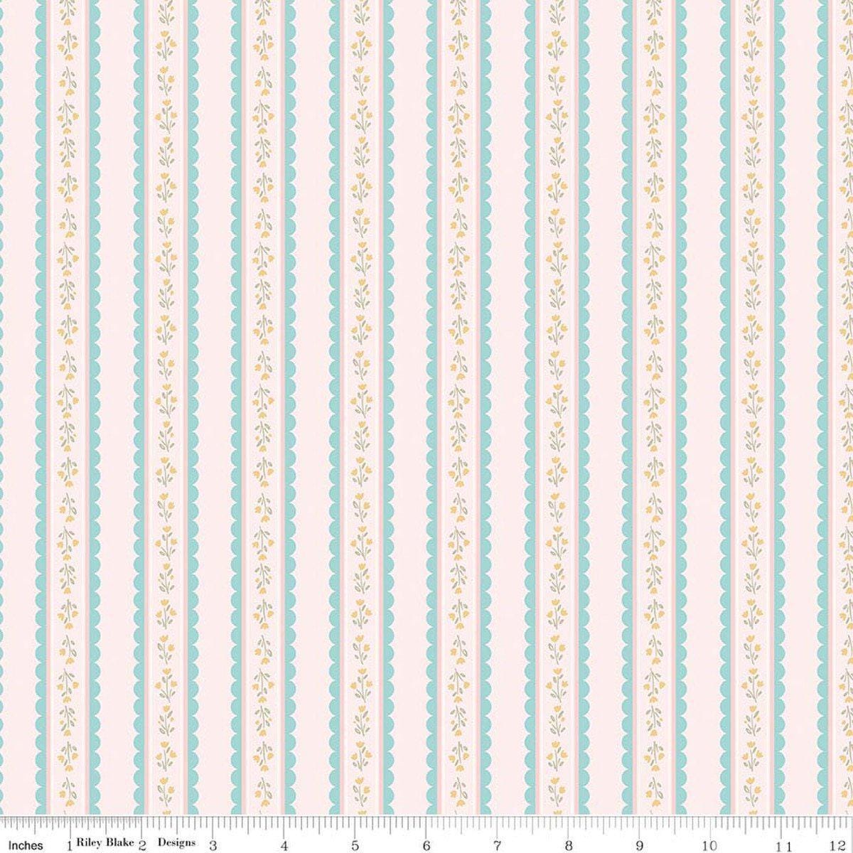 Image of Little Posies Stripes Pink quilting cotton fabric by Cayla Naylor for Riley Blake Designs. Features stripes on a pink background. Cute Little Fabric Shop.