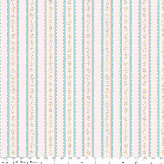 Image of Little Posies Stripes Pink quilting cotton fabric by Cayla Naylor for Riley Blake Designs. Features stripes on a pink background. Cute Little Fabric Shop.