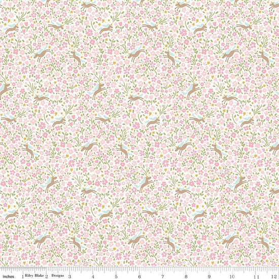 Image of Little Posies Unicorns Pink quilting cotton fabric by Cayla Naylor for Riley Blake Designs. Features flowers on a pink background. Cute Little Fabric Shop.