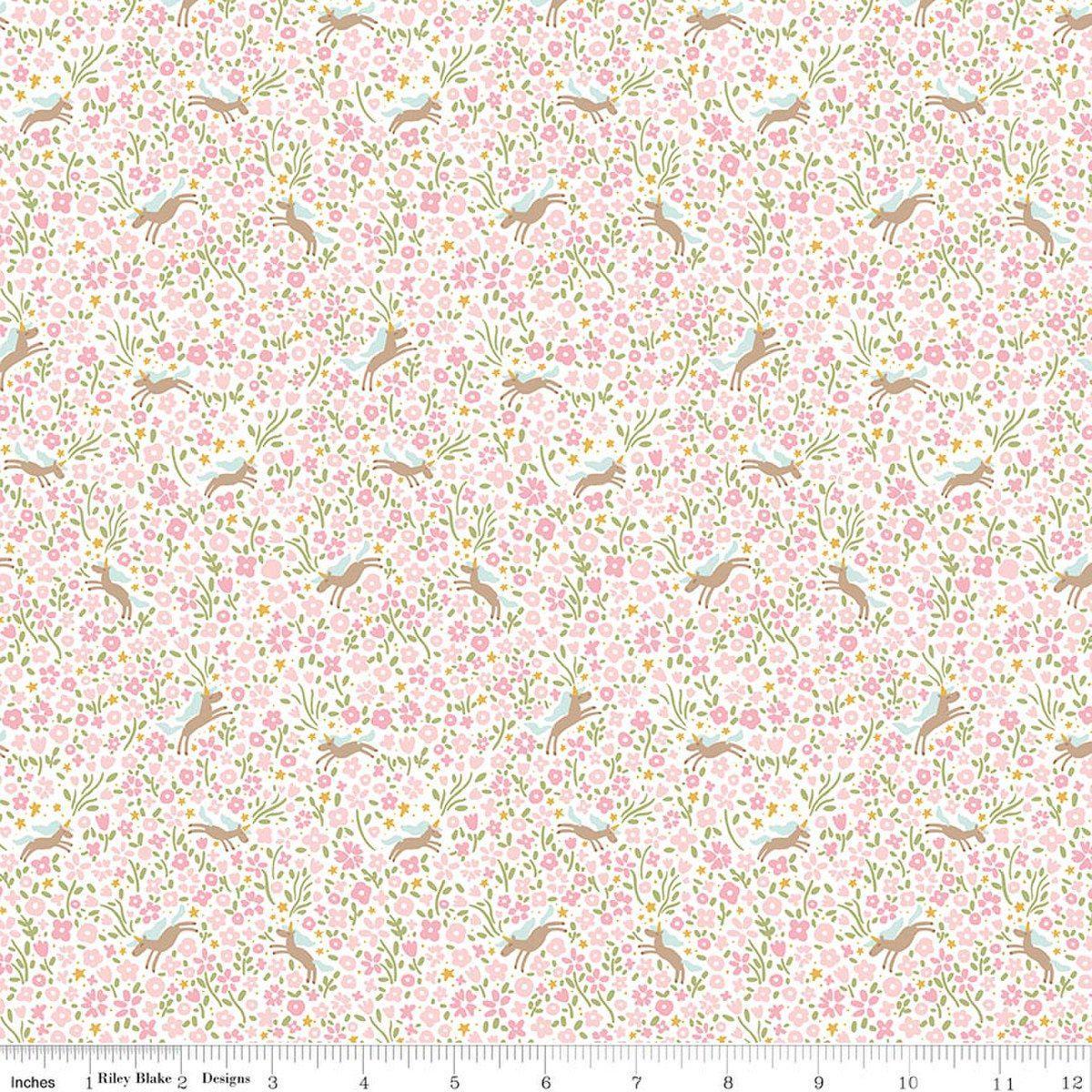 Image of Little Posies Unicorns Pink quilting cotton fabric by Cayla Naylor for Riley Blake Designs. Features flowers on a pink background. Cute Little Fabric Shop.