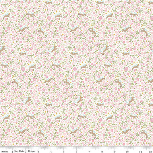 Image of Little Posies Unicorns Pink quilting cotton fabric by Cayla Naylor for Riley Blake Designs. Features flowers on a pink background. Cute Little Fabric Shop.