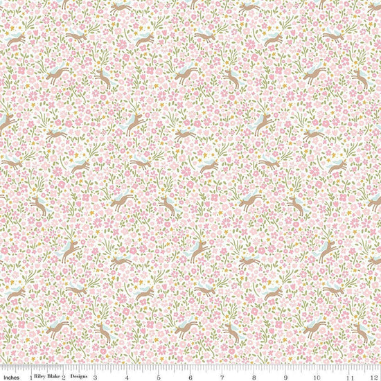 Image of Little Posies Unicorns Pink quilting cotton fabric by Cayla Naylor for Riley Blake Designs. Features flowers on a pink background. Cute Little Fabric Shop.