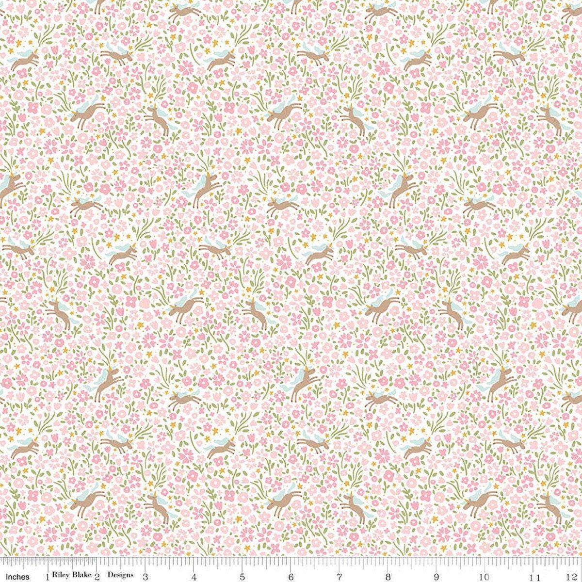Image of Little Posies Unicorns Pink quilting cotton fabric by Cayla Naylor for Riley Blake Designs. Features flowers on a pink background. Cute Little Fabric Shop.