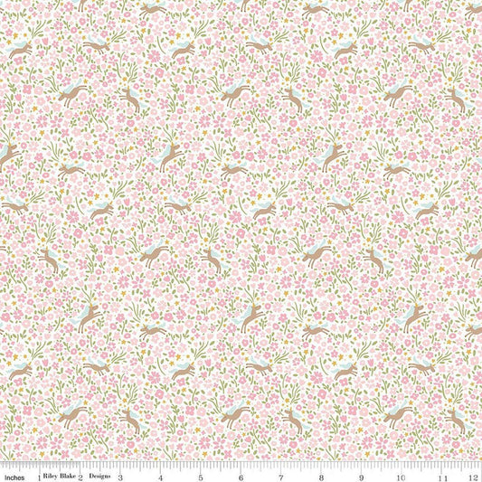 Image of Little Posies Unicorns Pink quilting cotton fabric by Cayla Naylor for Riley Blake Designs. Features flowers on a pink background. Cute Little Fabric Shop.