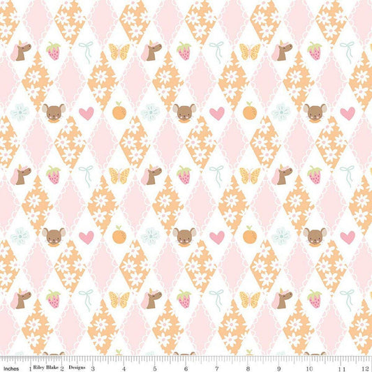 Image of Little Posies Diamonds Orange quilting cotton fabric by Cayla Naylor for Riley Blake Designs. Features diamonds on a pink, orange, and white background. Cute Little Fabric Shop.