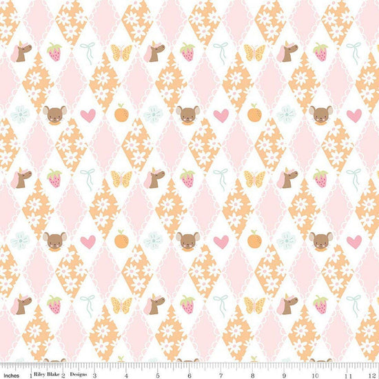 Image of Little Posies Diamonds Orange quilting cotton fabric by Cayla Naylor for Riley Blake Designs. Features diamonds on a pink, orange, and white background. Cute Little Fabric Shop.