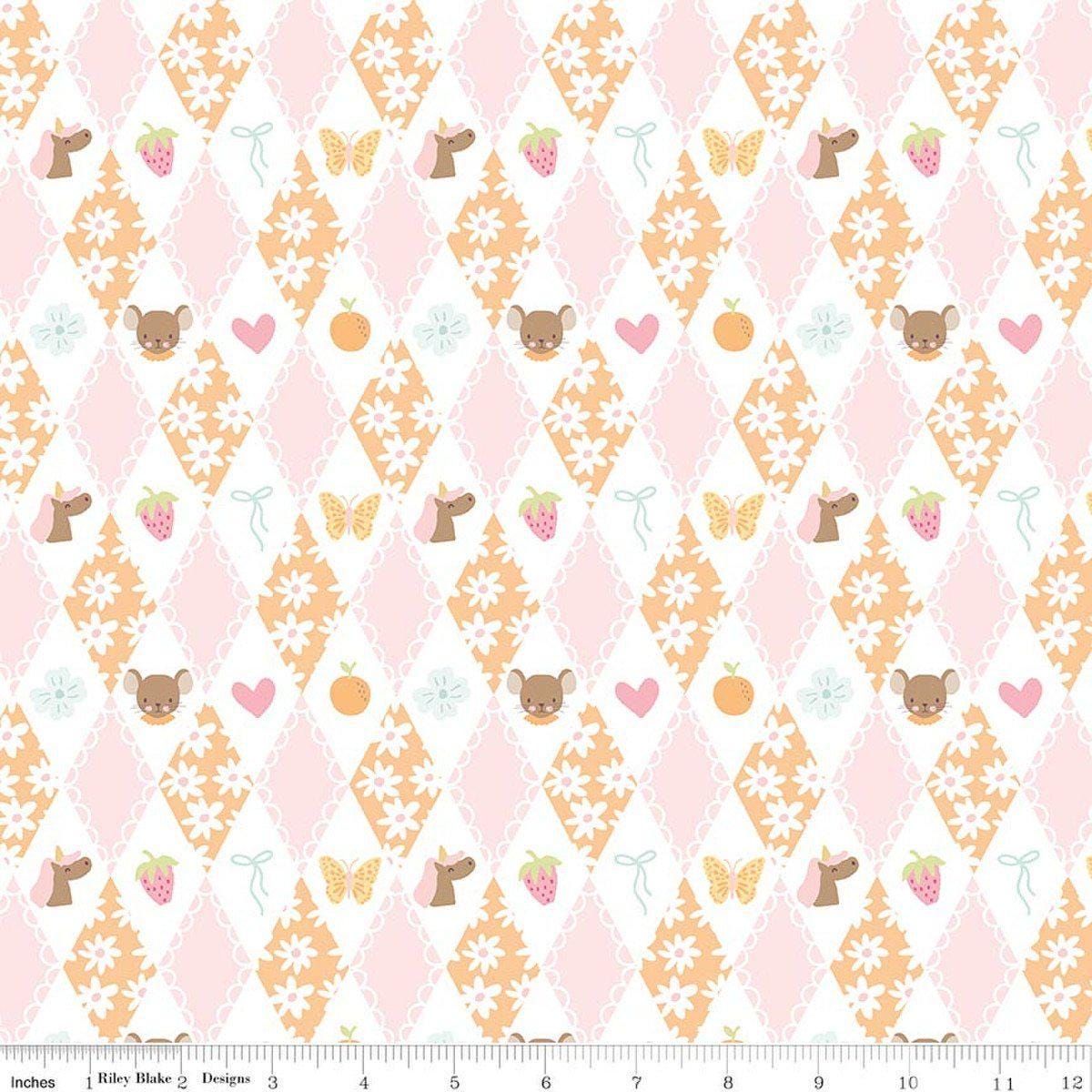 Image of Little Posies Diamonds Orange quilting cotton fabric by Cayla Naylor for Riley Blake Designs. Features diamonds on a pink, orange, and white background. Cute Little Fabric Shop.