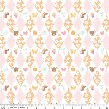 Image of Little Posies Diamonds Orange quilting cotton fabric by Cayla Naylor for Riley Blake Designs. Features diamonds on a pink, orange, and white background. Cute Little Fabric Shop.